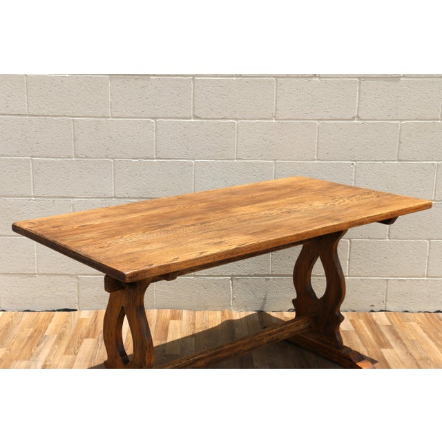 Antique American Oak & Cherry Trestle Dining Table, c.1930s | Rustic Farmhouse Kitchen Table With Solid Wood Construction For Sale - Image 9 of 18