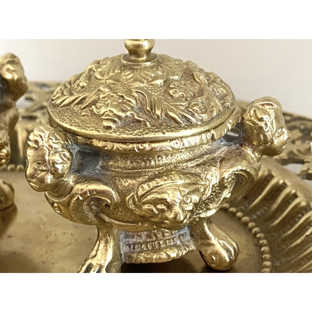 Louis XV Style Napoleon III Double Inkwell on a Chiseled Gilt Bronze Tray For Sale - Image 10 of 11