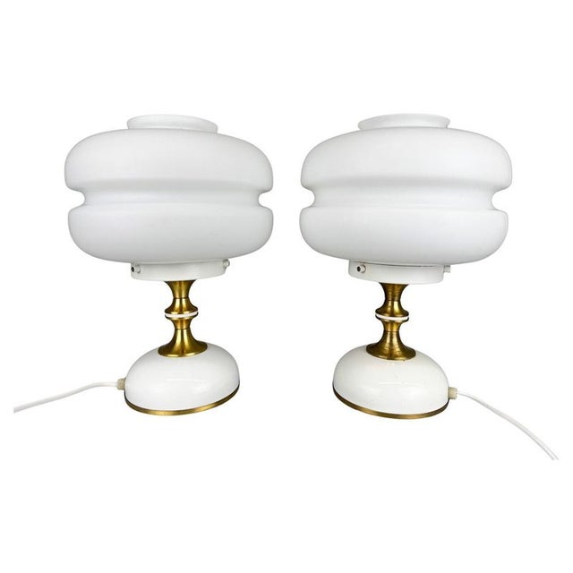 Milk Glass & Brass Table Lamps attributed to Napako, Czechoslovakia, 1970s, Set of 2 For Sale - Image 12 of 12
