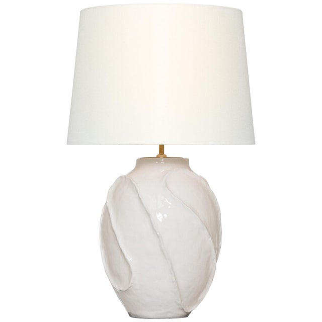 Transitional AERIN by Visual Comfort Signature Idalia 28" Sculpted Table Lamp in Glossy White Crackle with Linen Shade For Sale - Image 3 of 3