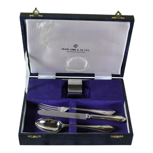 1980’s Vintage/New Silverplate Child Silver Set: Spoon, Fork, Knife & Serviette Ring by Frank Cobb & Co. For Sale