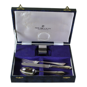 1980’s Vintage/New Silverplate Child Silver Set: Spoon, Fork, Knife & Serviette Ring by Frank Cobb & Co.