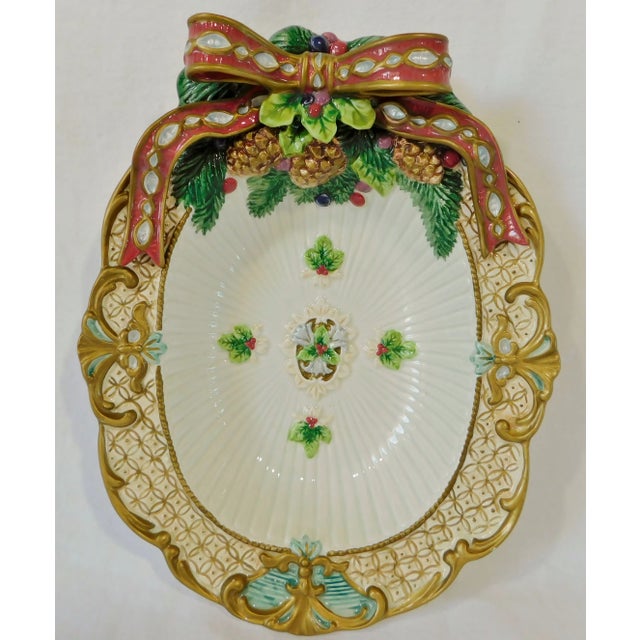 1980s Vintage Fitz & Floyd Christmas Pinecones Serving Bowl Orig. Box For Sale - Image 9 of 9