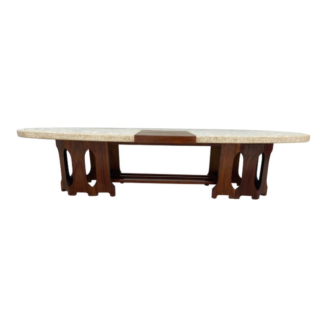 Mid Century Modern Terrazzo Marble + Walnut Fretwork Coffee Table | by Harvey Probber For Sale