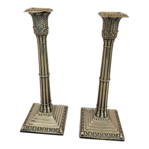 Late-Georgian Silverplated English Candlesticks Pair by Hawsworth, Eyre & Co. Sheffield