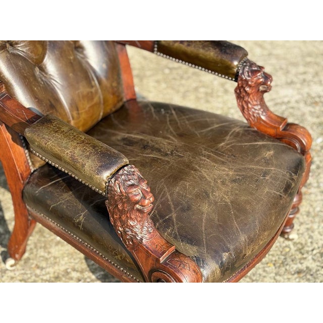Brown 19th Century Arts & Crafts Carved Walnut & Leather Library Armchair, 1880 For Sale - Image 8 of 11