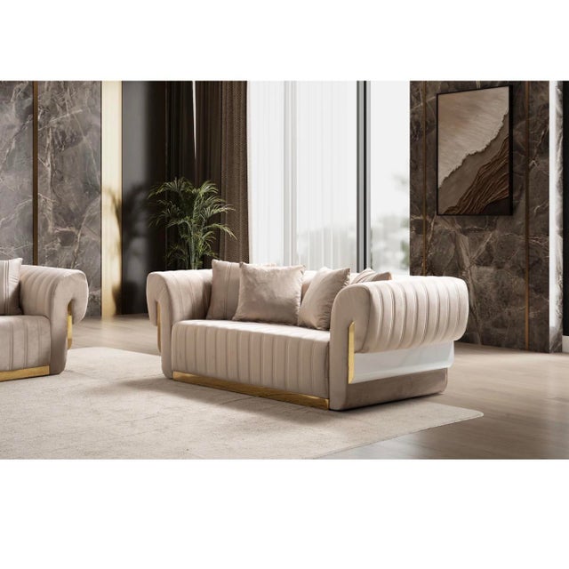New Luna 3–Piece Channel Tufted Gold Accent Luxury Sofa Set - Sofa , Loveseat & Chair For Sale - Image 9 of 18