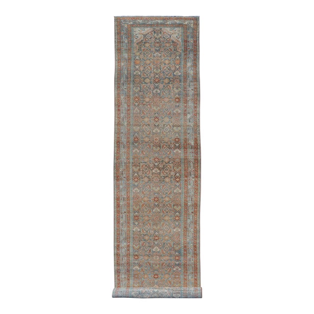 Antique Persian Malayer Runner With Allover Motif's in Soft Blue Field 3'4 X17'0 For Sale