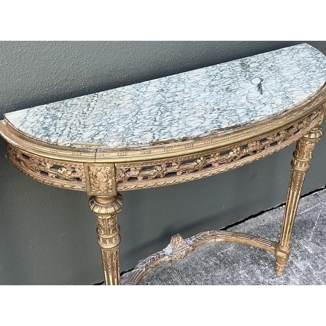 Vintage French Giltwood Marble Top Demilune Console Tables - A Pair For Sale - Image 9 of 12