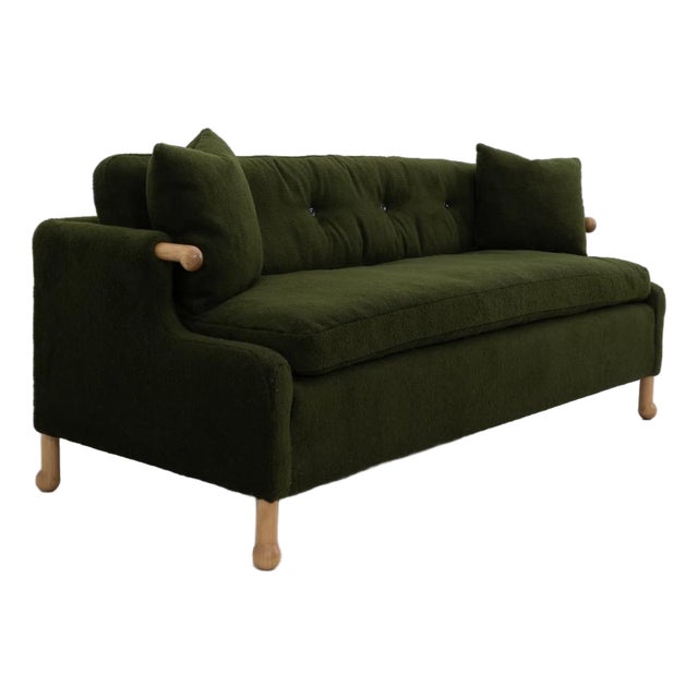 BDDW Mabel Sofa With Carved Cherry Arms and Legs and Custom Green Upholstery For Sale