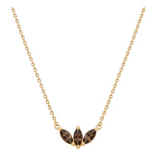 Smoky Quartz Dainty Necklace | Brown Marquise Gemstone Necklace | 18k Gold Plated Minimalist Necklace For Sale