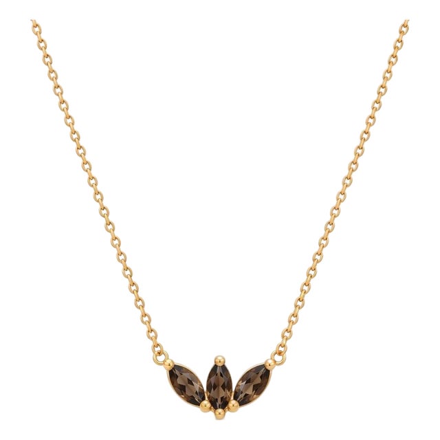 Smoky Quartz Dainty Necklace | Brown Marquise Gemstone Necklace | 18k Gold Plated Minimalist Necklace For Sale
