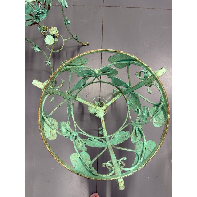 1970s Large Verdigris Wrought Iron Standing Planters With Decorative Dangling Rose and Leaf Motif, a Pair For Sale - Image 12 of 12