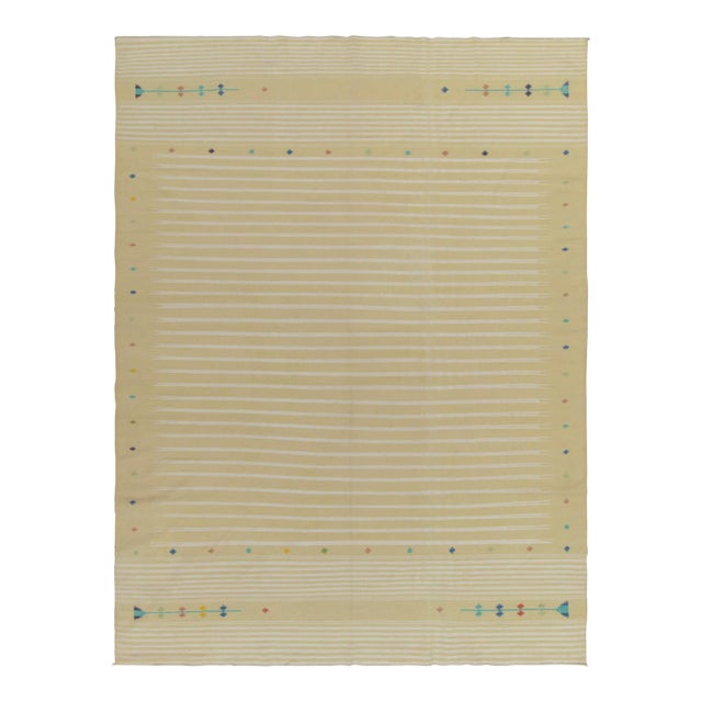 Vintage Dhurrie Kilim in Beige With White Stripe Patterns For Sale