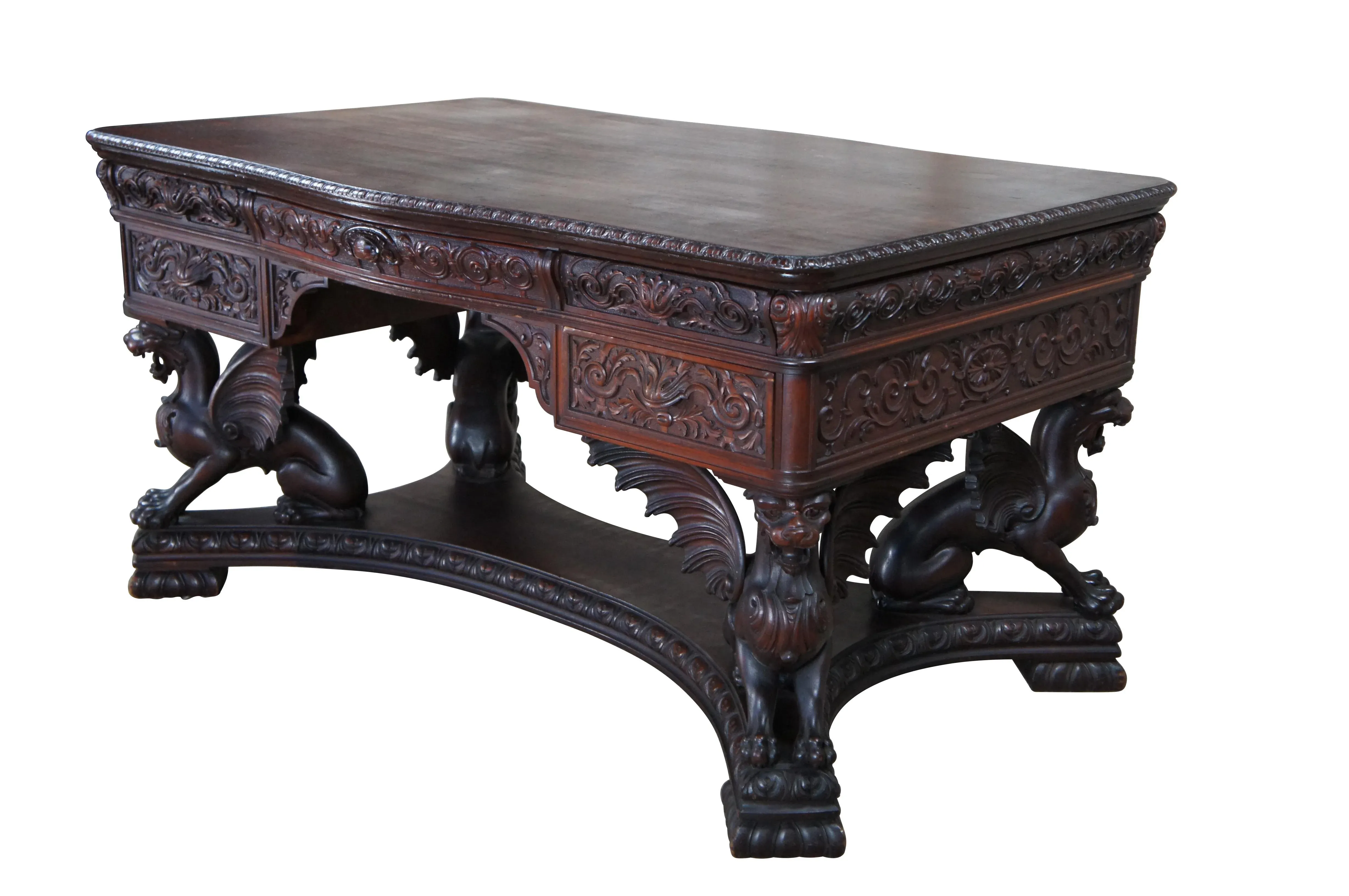 Antique Rj Horner Figural Carved Mahogany Griffin Library Table
