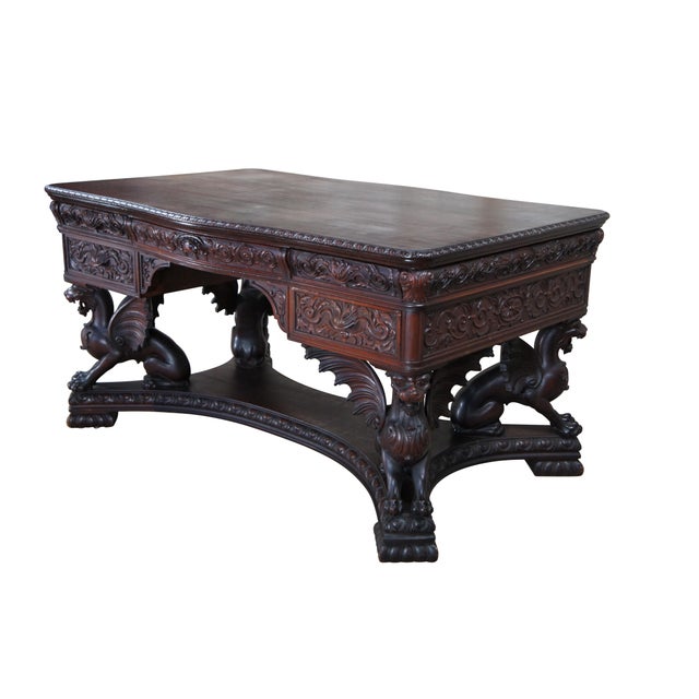 Victorian Antique Rj Horner Figural Carved Mahogany Griffin Library Table Partners Desk For Sale - Image 3 of 12