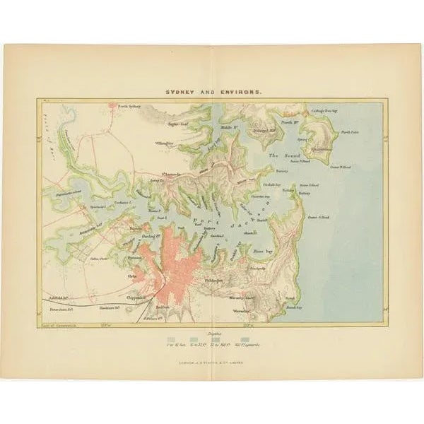 An antique map depicting Sydney and its surrounding areas, known as Port Jackson, dating from around 1889. It was produced...