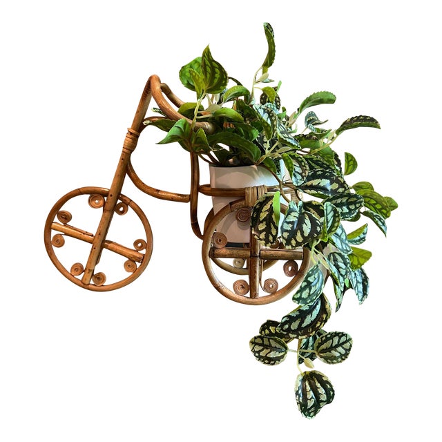 Vintage Bamboo & Rattan Tricycle Planter - Faux Plant Included For Sale
