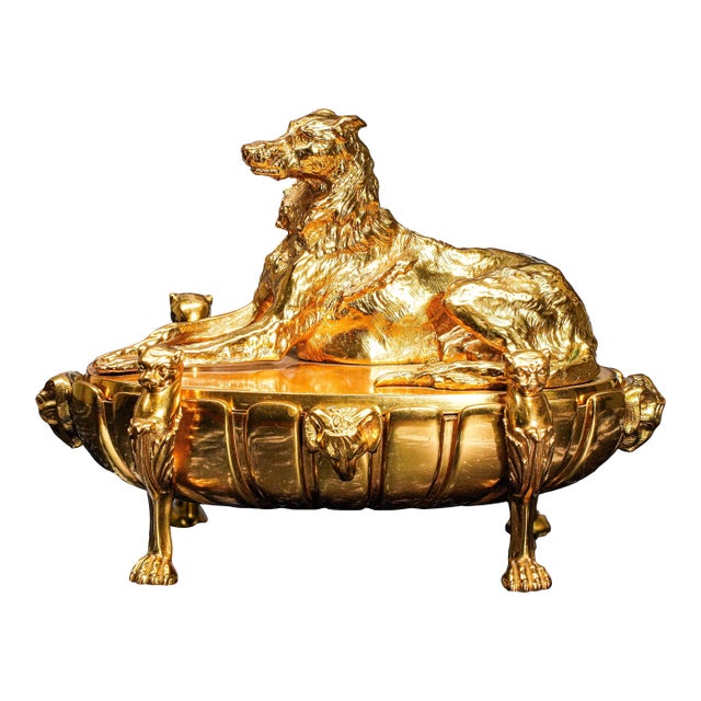 Stunning Gilded Bronze Dog Antique Double Desk Inkwell Ink Stand Art Statue Sculpture For Sale