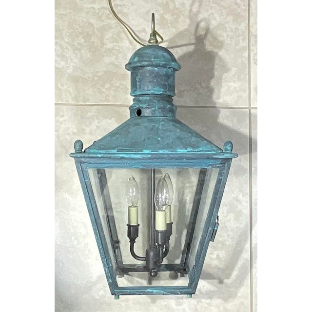 Vintage Solid Copper and Brass Hanging Lantern / 12”x 12”x 23” High For Sale In Miami - Image 6 of 17