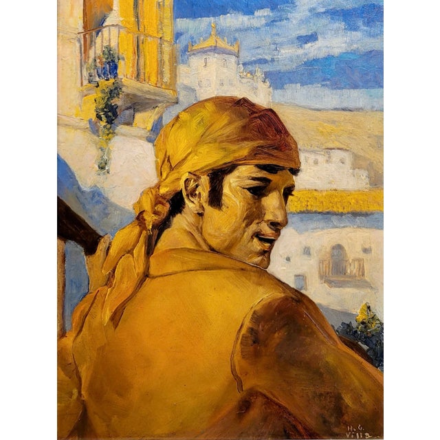 Mexican Hernando Gonzallo Villa -Portrait of a Spanish Man W/A Yellow Bandana- Oil Painting For Sale - Image 3 of 9