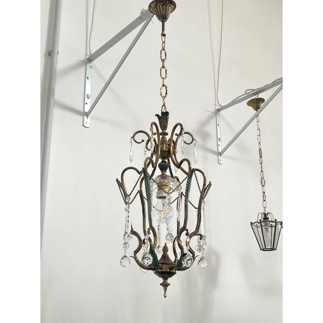 Aqua Brass and Green Pendant Light with Cut Crystal Drops, Italy, 1950s For Sale - Image 8 of 17