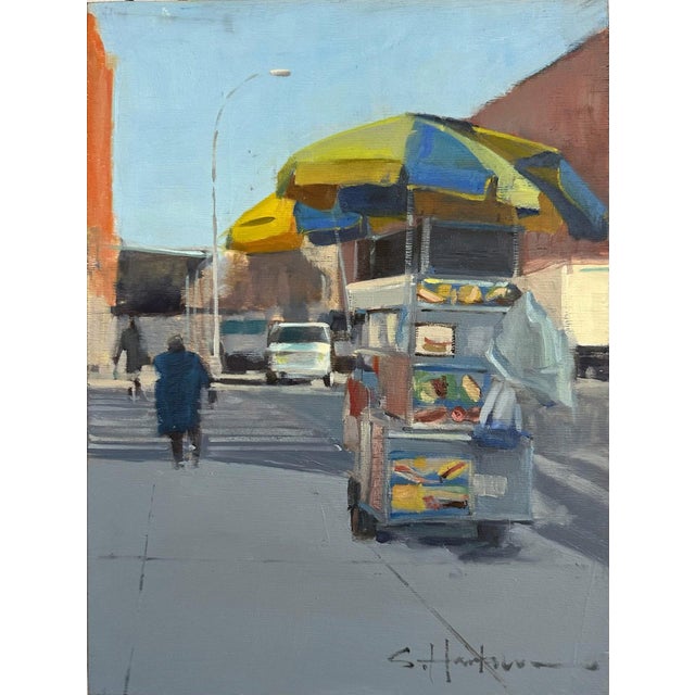 This oil on wood panel captures a vibrant street scene featuring a food vendor's cart adorned with a bright yellow and...