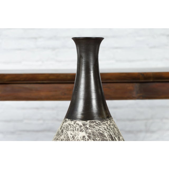 Contemporary Contemporary Tall Artisan Prem Collection Black Neck & White Dripping Décor Vase For Sale - Image 3 of 13