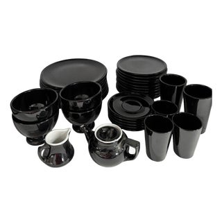 1960s Black Ceramic Mid Century 34 Piece Dinner Plate, Cup & Tea Set For Sale