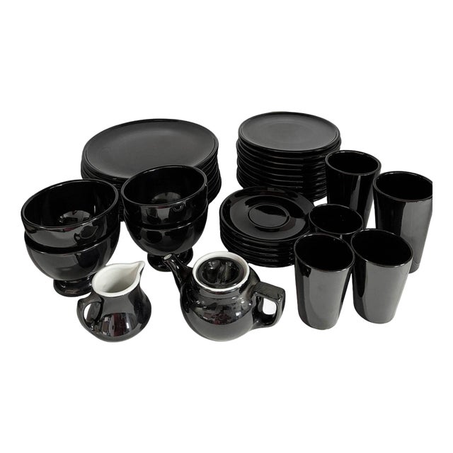 1960s Black Ceramic Mid Century 34 Piece Dinner Plate, Cup & Tea Set For Sale