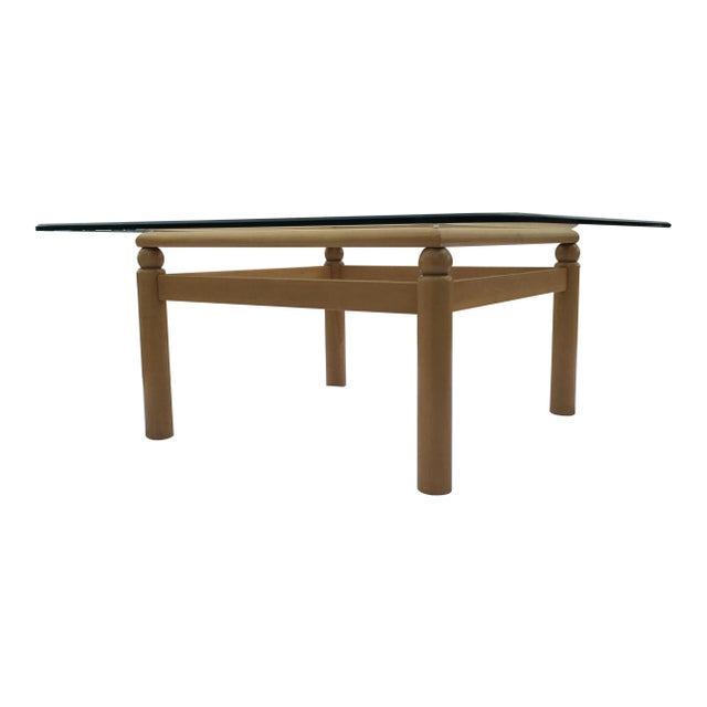 Vintage modern hardwood maple base thick and heavy beveled glass top, signed manufactured by Ethan Allen, circa late 20th...