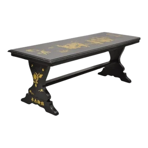 Early 20th Century Vintage Chinoiserie Asian Inspired Black Painted Gold Gilt Trestle Coffee Table