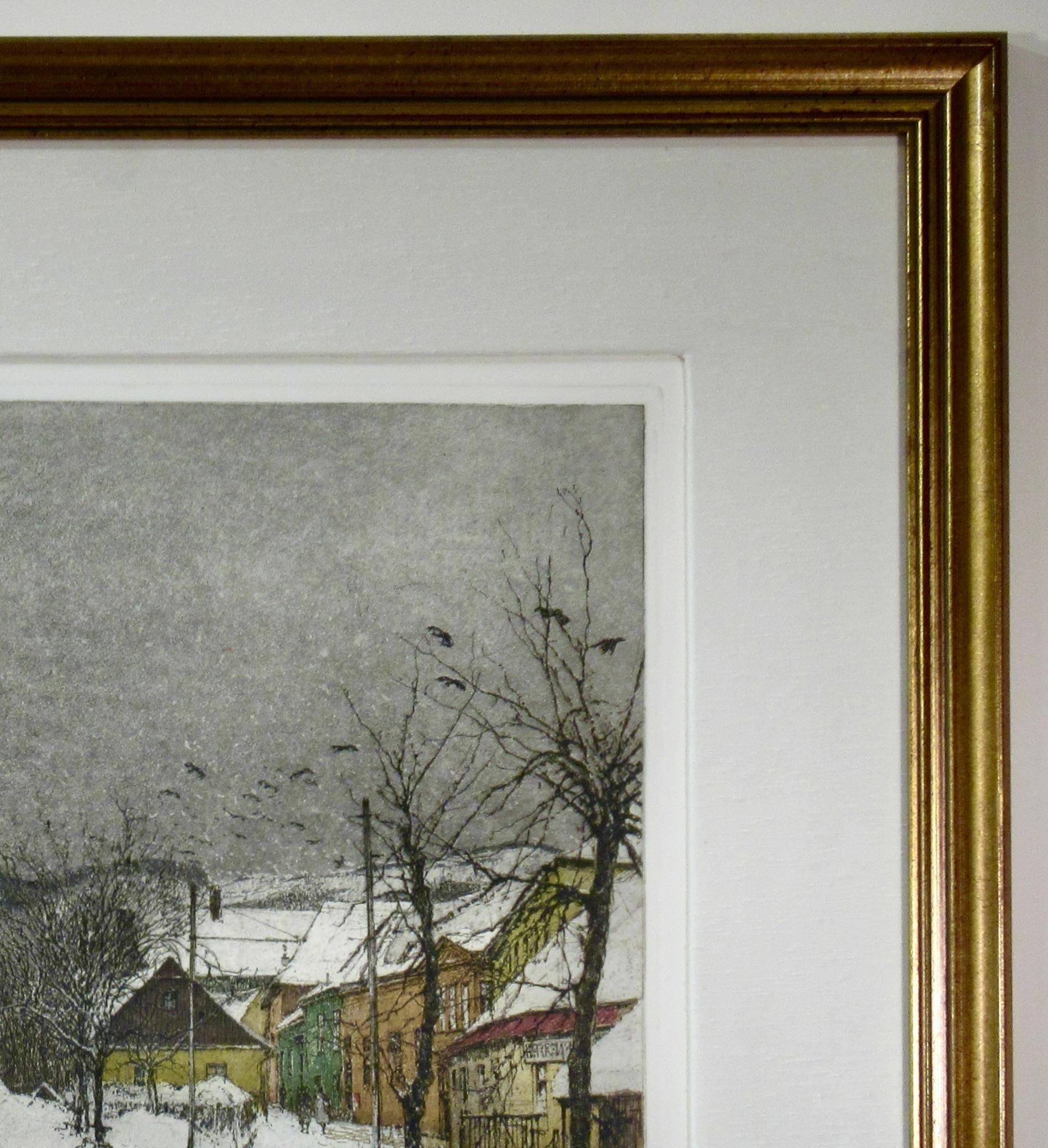 Luigi Kasimir Grinzing, Snow Scene, Austria, Large Color Etching