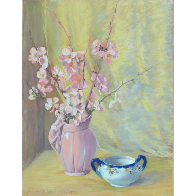Beautiful 1940s pastel still life of apple blossoms in pink monkey vase by Eugenie May Pack Stiffler (American,...