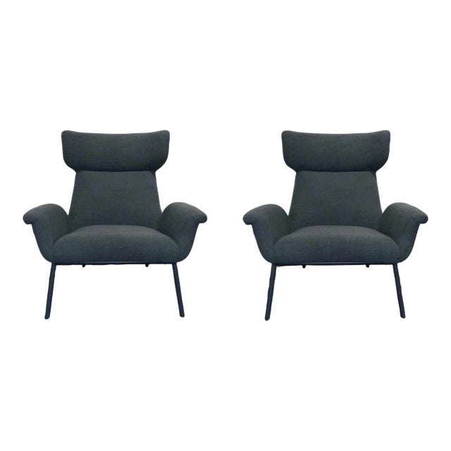 Mid-Century Modern Style Navy Blue Wool Blend Lounge Chairs Pair For Sale