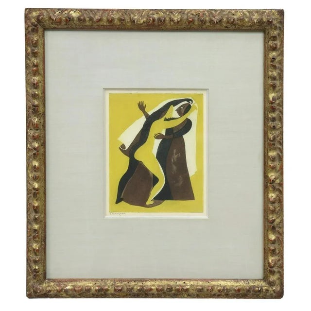 Yellow Original Signed Carlos Orozco Romero "Two Figures Dancing" Aquatint in Antique Giltwood Frame For Sale - Image 8 of 8