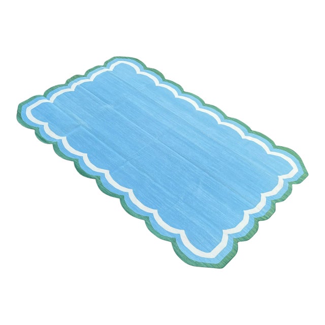 Handmade Cotton Area Scalloped Rug Sky Blue, Cream and Forest Green Border Dhurrie - 5'x8' For Sale