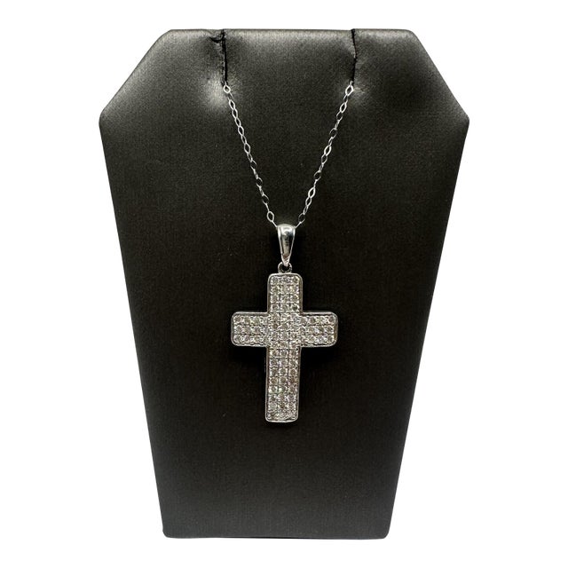 Pavé Natural Diamond Cross Necklace in 14kt White Gold – 1.03ctw, 18in, New For Sale