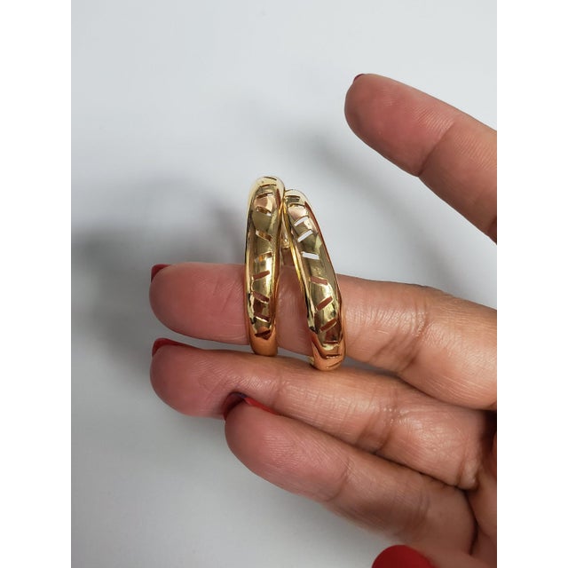 37MM Wide Curved Gold Hoops with Cuts 14k Yellow Gold, 2 Pieces For Sale - Image 4 of 4