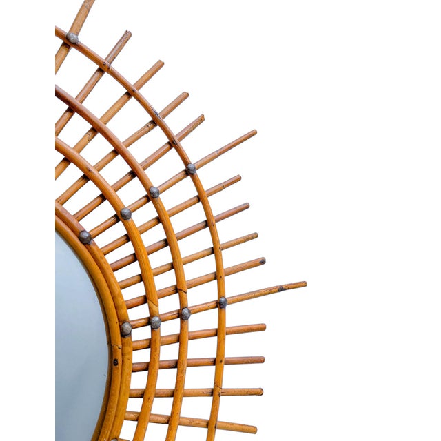 Large Asymmetrical Bamboo Rattan Sunburst Mirror with Nails, 1960s For Sale - Image 6 of 9