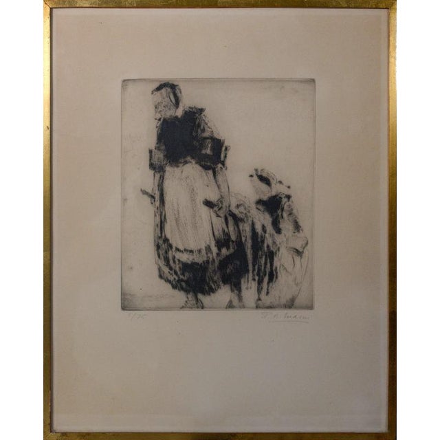 Four framed signed and number limited edition etchings or dry points of Belgium Women at work by Paul Auguste Masui (1888-...