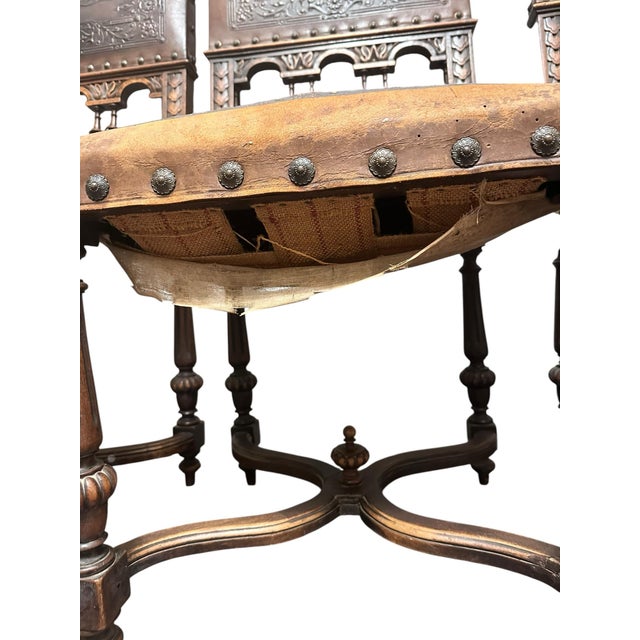 Wood Set of 3 Antique French Henri I| Walnut Wood & Leather Dining Chairs, Ornate Lion Carvings, Loire Valley, 1880 For Sale - Image 7 of 8