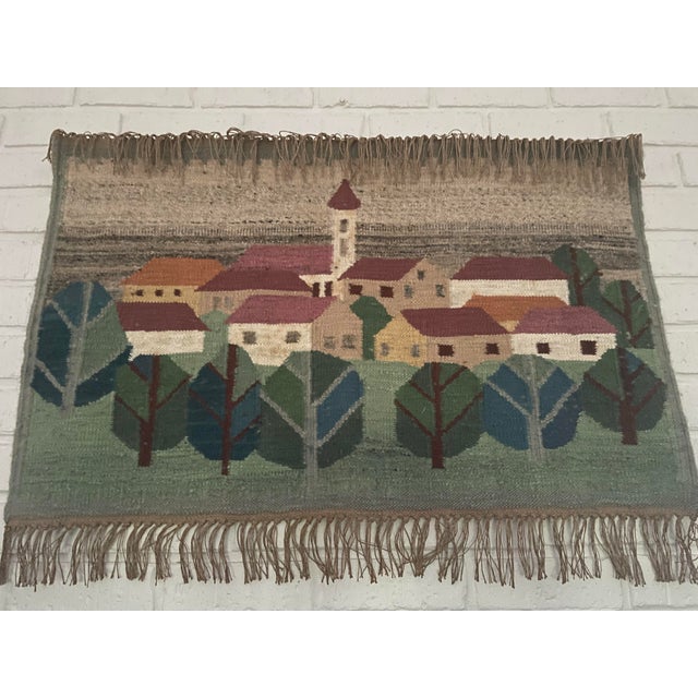 Vintage Polish Handwoven Wool Tapestry or Kilim made in Bobowa, Poland in late 1980's. 38.5" wide x 24.5" tall + 3" fringe...