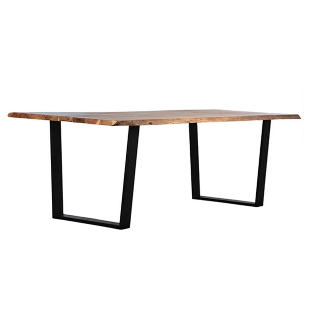 Live edge acacia wood top dining table with modern iron U base. Each is slightly unique in natural material differences....