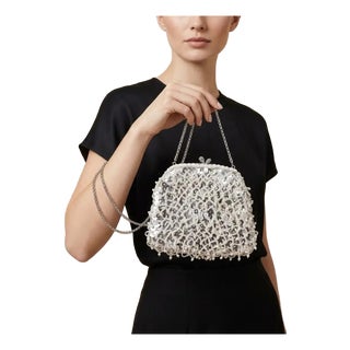 1950s Retro Silver Silk, and White Beads Hand-Crafted Italian Evening Bag For Sale