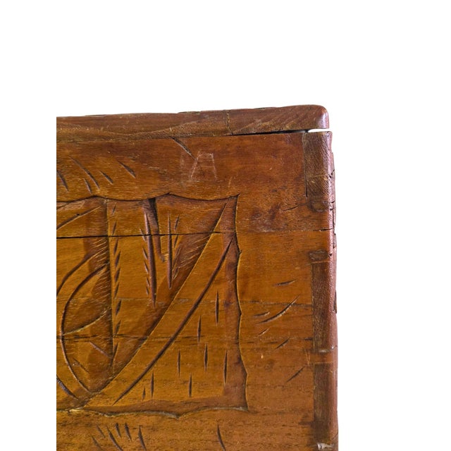 Brown Vintage Asian Hand-Carved Camphor Wood Jewelry Box With Village Scene & Brass Hardware For Sale - Image 8 of 18