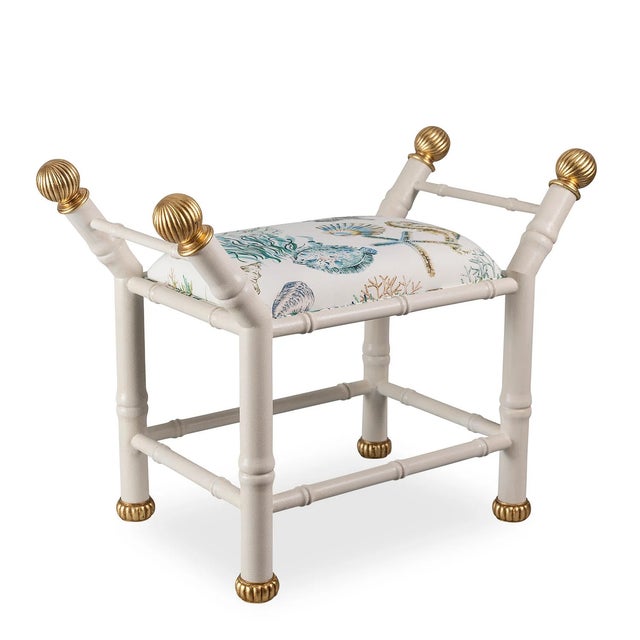 Boca is our hollywood regency style bench with features a bamboo frame and contrast metal gold leaf fluted ball finials...