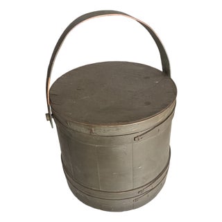 Muted Green Antique Firkin Storage Box W/Lid For Sale