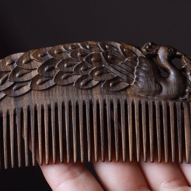 Wood Antique-Style Chinese Agarwood Comb With Hand-Carved Peacock Detail For Sale - Image 7 of 10