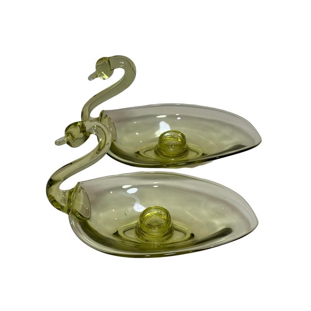 Vintage Duncan & Miller Swan Candle Holder Pair Chartreuse 8" L Art Glass 1940s Gorgeous and in excellent pre-owned...